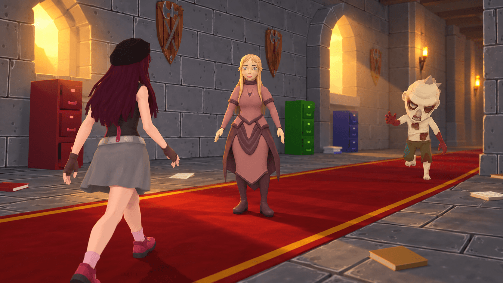 Castle Escape game scene with the player, archivist, and enemy inside a castle
