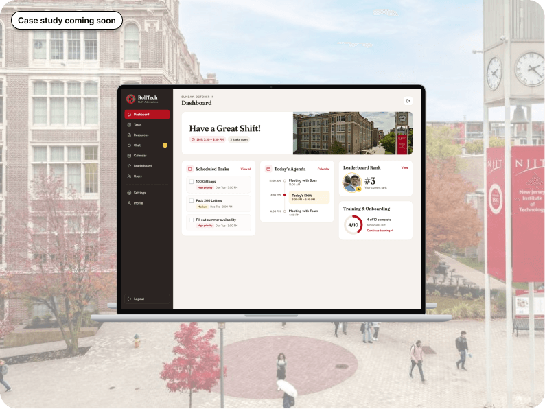 RollTech NJIT admissions communication dashboard shown over the NJIT campus