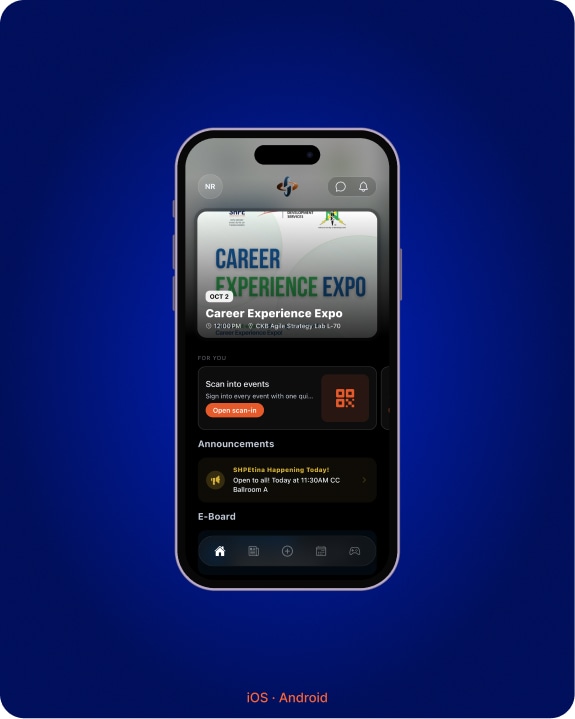 SHPE NJIT social app home screen for iOS and Android